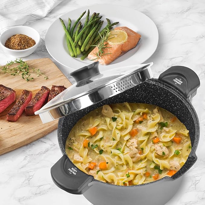 8.5QT Pasta Pot with Strainer Lid, 11'' Cast Aluminum Nonstick Multipurpose Stock Pot Spaghetti, Self-Draining Cooking Pot with Insulated Handles for Soup, and Boiling