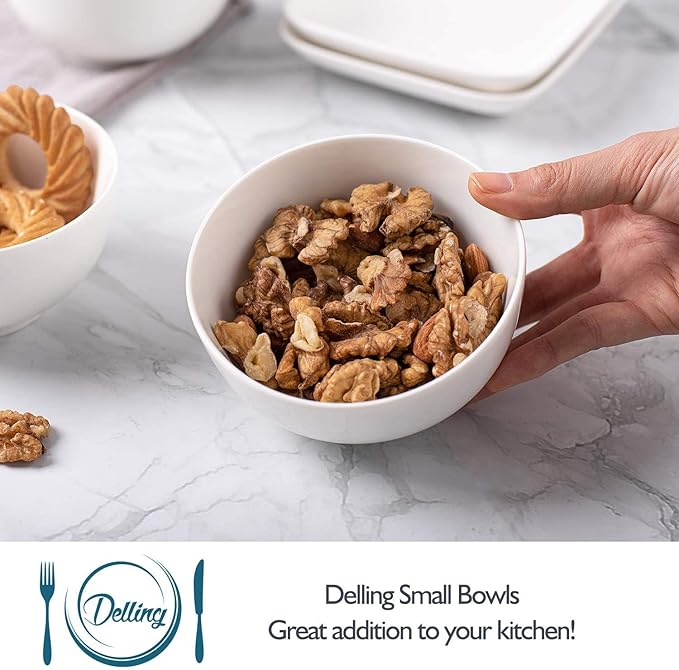 DELLING Porcelain Bowls - Set of 6 White Ceramic Small Bowls for Dessert, Snacks, Condiments & Side Dishes
