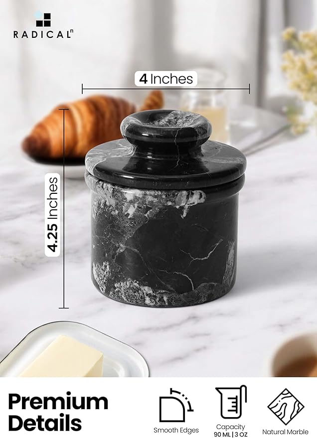 Radicaln Marble Butter keeper 4.25" Inches Black Zebra Handmade French Butter Container For kitchen decor Ideal Butter Dish With Lid For Countertop Butter Crock For Counter With Water