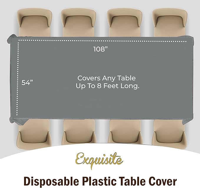 Exquisite 12-Pack Premium Plastic Tablecloth 54 Inch. x 108 Inch. Rectangle Table Cover - Silver