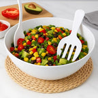 TP Melamine Salad Bowl with Utensils, 12-Inch Large Serving Bowl for Fruits Snacks Pasta, White