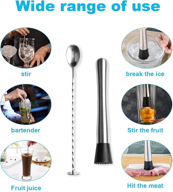 10 Inch Stainless Steel Cocktail Muddler and Mixing Spoon, Home Bar Tool Bartender Set for Cocktails Mojitos Ice Margaritas Mint & Fruit Drinks, Silver, 10x4x1.5 inch