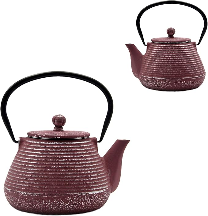 20.3oz Small Cast Iron Teapot, SECHUDO Tea Kettle for Stovetop Safe Coated with Enameled Interior, Tea Pot with Stainless Steel Infuser for Loose Tea (Pink Pinstripe Pattern)