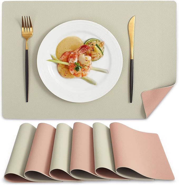 MOSAYT Vinyl Placemats Set of 6, Heat Resistant Place Mats 100% Waterproof Washable & Wipeable Faux Leather Reversible Table Mats for Kitchen Dining Party Indoor Outdoor, 12" x 17", Beige/Pink