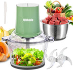 Food Processors with 2 Bowls, 400W Meat Grinder, Food Chopper Electric, 2 Speed, 8Cup Glass and 8Cup 304 Stainless Steel, 2 Blades, Spatula Green