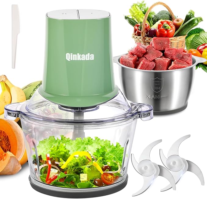 Food Processors with 2 Bowls, 400W Meat Grinder, Food Chopper Electric, 2 Speed, 8Cup Glass and 8Cup 304 Stainless Steel, 2 Blades, Spatula Green
