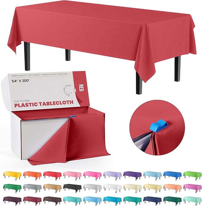 Exquisite Red 54x300in Plastic Disposable Tablecloth Roll with Built-in Cutter - 36 Rectangle Table Covers in a Box