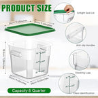 2 Pieces Square Food Storage Containers Polycarbonate Clear food Container with Lid Commercial Storage with Graduations for Commercial Kitchen Dough Marinating Meat(Green, 6 Qt)