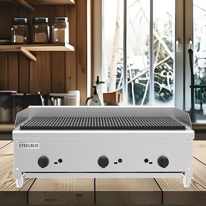 36 Inch Commercial Gas Charbroiler, Stainless Steel Countertop Grill with 3 Burners 84000 BTU, Heavy Duty Restaurant BBQ Broiler, Natural Gas/Propane, Cast Iron Grates