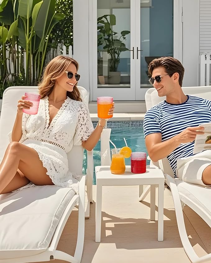 YOUBET 24PCS Plastic Drinking Glasses - 14OZ Pink Hobnail Drinkware Glasses - Vintage Glassware Textured Beaded Cups for Water, Beer, Whiskey, Juice and Various Mixed Drinks