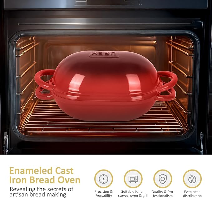Dutch Oven for Bread Baking – Premium Cast Iron Pot with Lid – Perfect for Sourdough, Artisan Loaves & No-Knead Bread – 2 QT / 1.9L (Enameled, Round, Oven & Stovetop Safe), Red