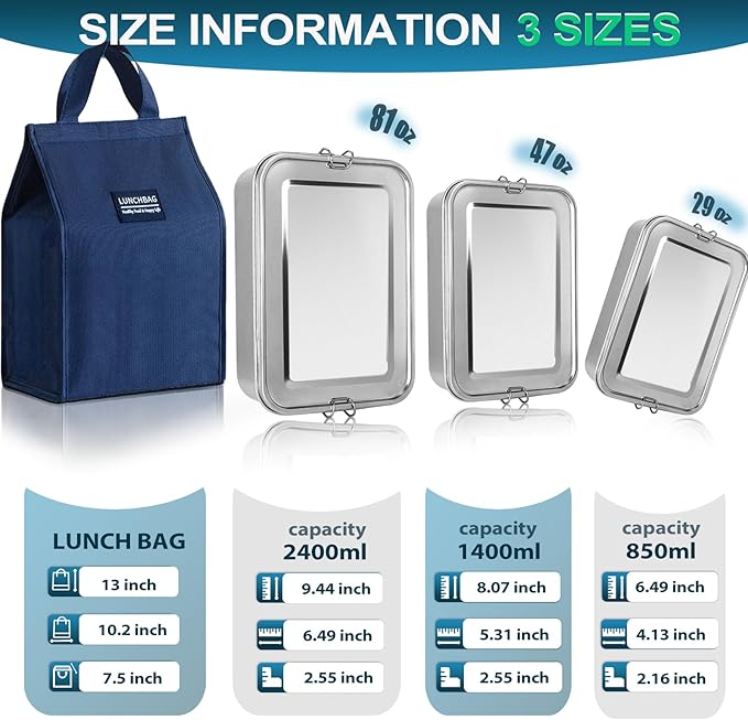Stainless Steel Bento Box 3 Pack 304 Stainless Steel Lunch Box,Leak Proof Metal Lunch Box With Lids(81oz/47oz/29oz) Bento Box Stainless With 3 Compartments