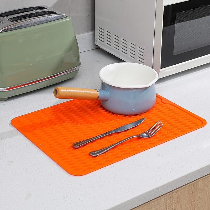 Silicone Dish Drying Mat for Multiple Usage,Easy clean,Eco-friendly,Heat-resistant Silicone Mat for Kitchen Counter or Sink,Refrigerator or drawer liner Orange L 16 inches x 12 inches