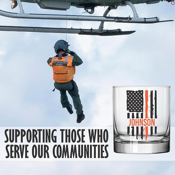Blue Ridge Mountain Gifts - Thin Orange Line Whiskey Glass - Personalized Search and Rescue Glass, SAR Appreciation, Rescue Workers Gift, Custom Correction Officer Barware, EMS Support Glassware