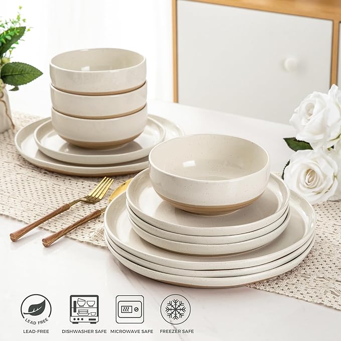 AmorArc Ceramic Dinnerware Sets for 8, 24 Pieces Handpainted Plates and Bowls Set with Rustic Terracotta Underside, Scratch Resistant Stoneware Dishes Set, Dishwasher & Microwave Safe, Light Beige