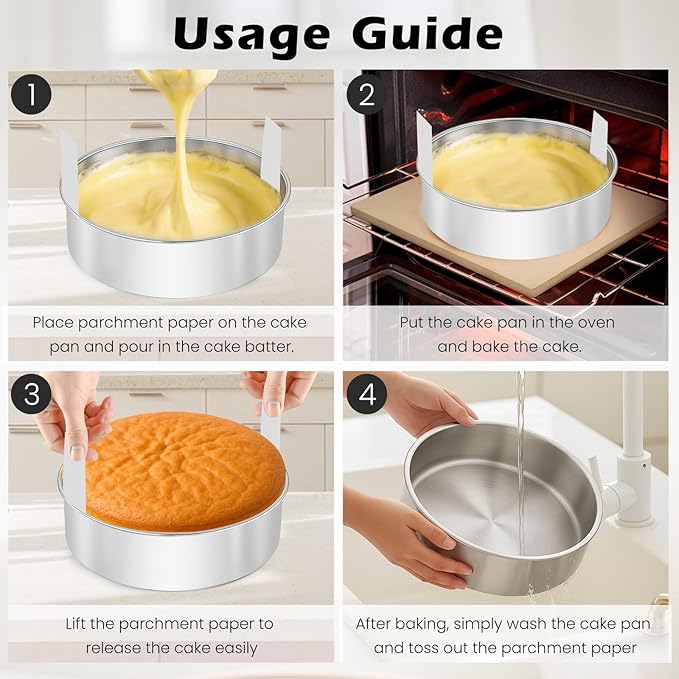 8 Inch Cake Pan - 3PCS Stainless Steel Round Layer Cake Baking Pans with 100 PCS Parchment Paper, Round Bakeware for Party Birthday Wedding, Mirror Finish & Dishwasher Safe