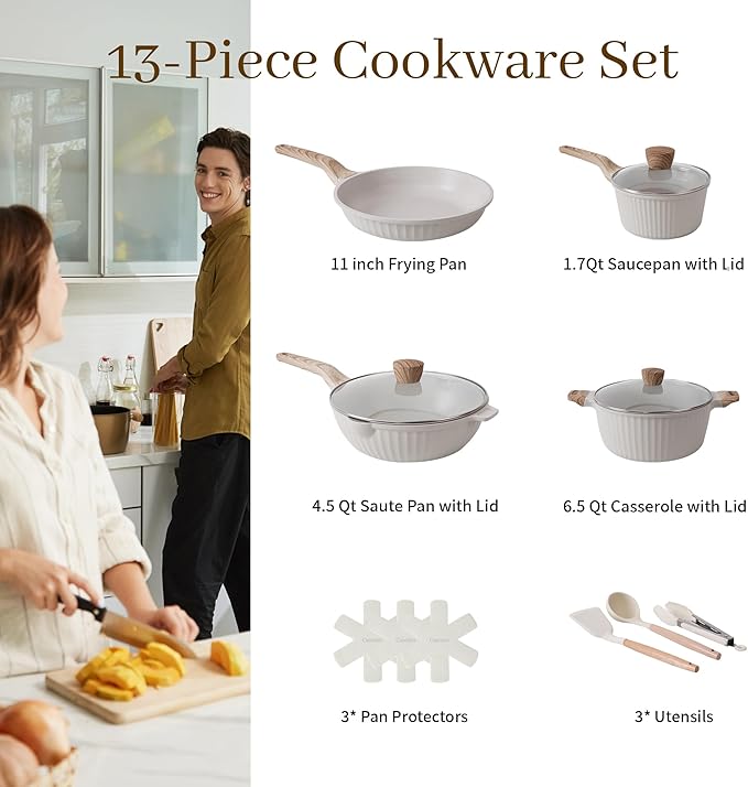 Pots and Pans Set Non Stick, 13Pcs Kitchen Cookware Sets, Granite Stone Induction Cookware Non Stick Cooking Set w/Frying Pans, Saucepans, Sauté Pan (PFOA Free), Cream White