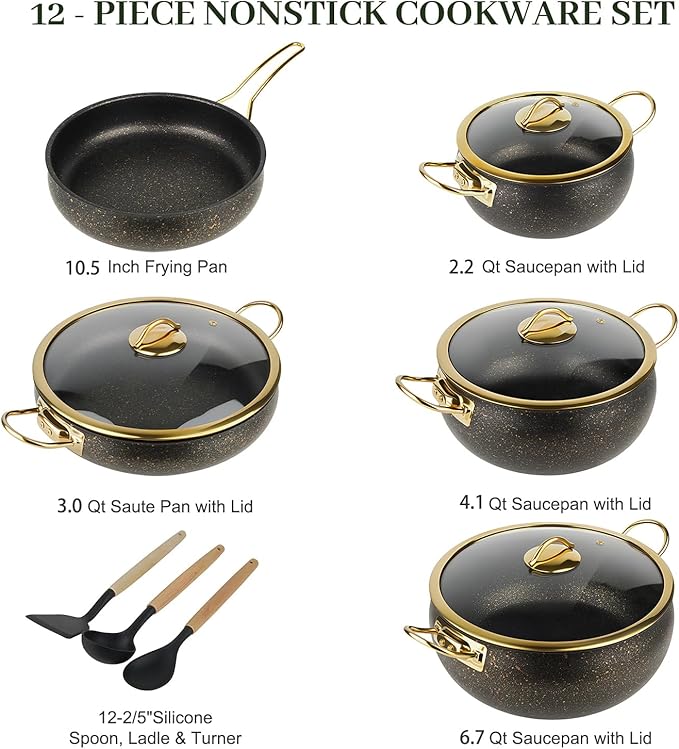 Fully Clad 5-Ply Stainless Steel Cookware Set, 12Pcs Nonstick Pots and Pans Set with Stay-Cool Handles, Induction Compatible, Stackble Design, Includes with Frying Pan, Saucepans and Saute Pan (Black)