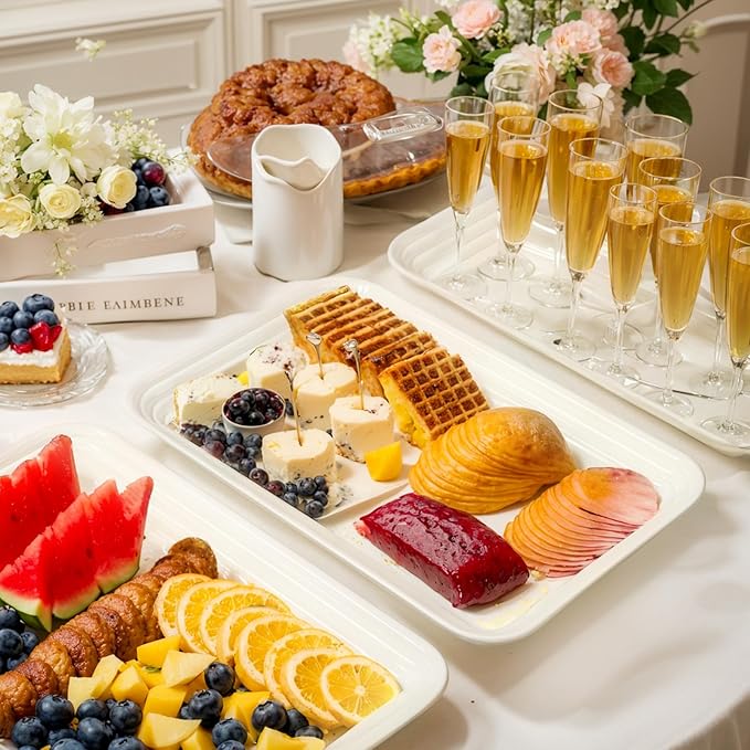 SUT 4-Pack Ivory Serving Trays for Entertaining, 16" x 11" Serving Platters for Snacks, Fruit, Cookies, Dessert, Reusable Plastic Trays for Serving Food and Party Organization in Kitchen &for Parties