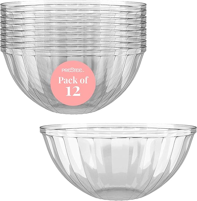 Prestee Clear Plastic Serving Bowls, 48 Oz. 12 Pack - Round Disposable Bowls, Punch, Party, Chip Bowl Containers - for Candy, Salads, Parties, & Serving Food - Large Salad Bowl Dish for Eating