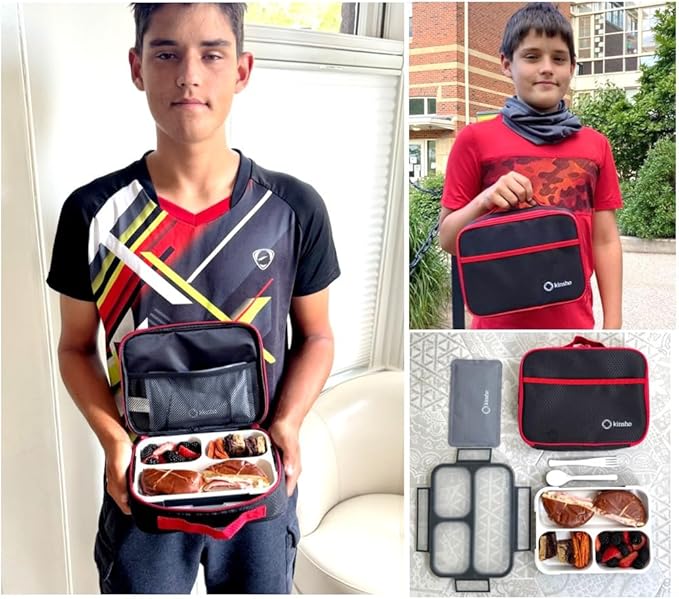 Bento Box with Insulated Lunch Bag and Ice Pack for Kids Container for Adults Snacks and Lunches. 3 Compartments, Leak-Resistant Portion Boxes Japanese Style for School or Work, Black with Red Trim