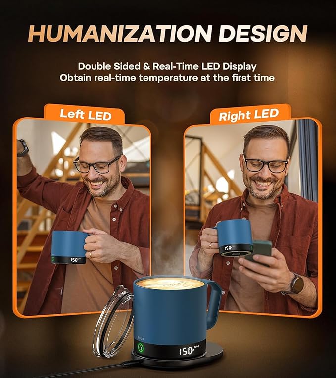 Heated Coffee Mug Rechargeable - Temperature Control Self Heating Coffee Mug 14oz with Lid, Double Sided & Real-Time LED Display, Hot up to 150℉, Birthday Gifts for Women and Men(Blue)
