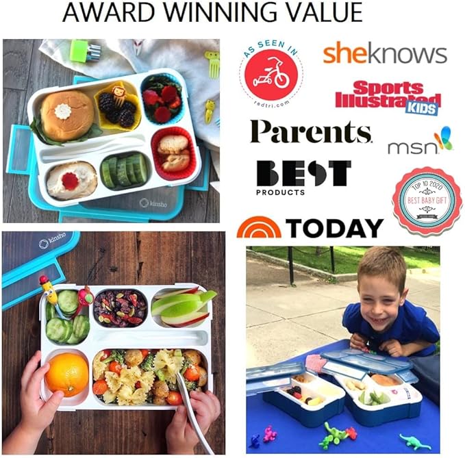 Bento-Box with Bag and Ice Pack Set. Lunch Boxes Snack Containers Kids Boys Girls Adults. 6 Compartments, Leakproof Portion Boxes Insulated Bags for School Lunches, BPA Free (Blue + Navy)