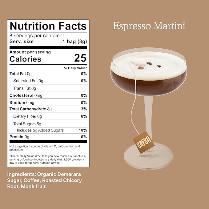 SAYSO: Espresso Martini Instant Cocktail Tea Bags | Infuses with Cold Water & Spirits for a Premium Craft Cocktail or Mocktail (25 Calories, 5g Sugar), 8-Pack