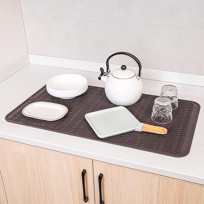 Silicone Dish Drying Mat for Multiple Usage,Easy clean,Eco-friendly,Heat-resistant Silicone Mat for Kitchen Counter or Sink,Refrigerator or Drawer Liner Coffee 4XL 32 inches x 18 inches
