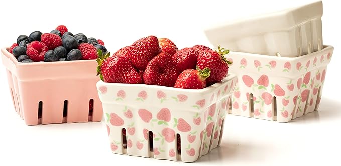 Ceramic Berry Basket, Farmhouse Colander, Strawberry Decor, Fruit Bowls, Fruit Baskets, Kawaii Strawberry Kitchen bowl, Pink White and Cute Strawberry pattern Stoneware Harvest Square Bowls Set of 4