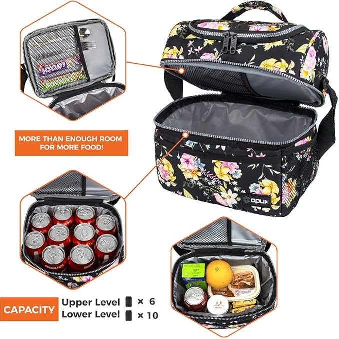 OPUX Lunch Box For Women, Insulated Large Lunch Bag Adult Work, Double Decker Lunchbox Meal Prep, Dual Compartment Leakproof Lunch Cooler, Soft Lunch Pail Tote for Girls Kids School, Floral Black 12L
