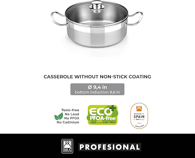 BRA COOKWARE Profesional 8-Piece Stainless Steel Cookware Set | Professional Pots & Pans Set | Kitchen Set w/ 2 Pots, 1 Sauté Pan, 2 Frying Pans, 3 Lids | All Heat Sources Compatible | PFOA Free