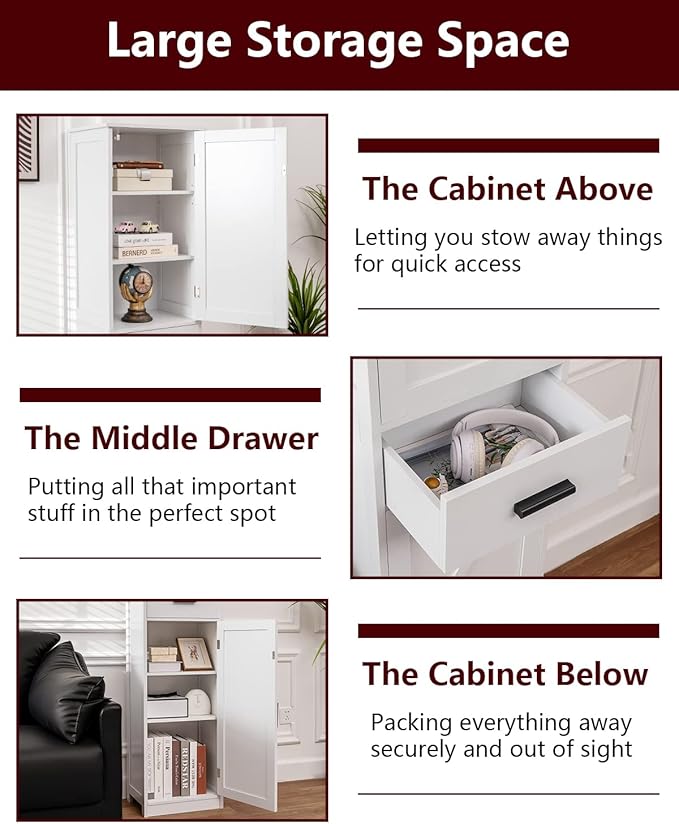WEENFON Tall Bathroom Cabinet, Storage Cabinet with 6 Shelves & Drawer, Bathroom Storage Cabinet with Adjustable Shelves, Tall Cabinet for Living Room, Home Office, White