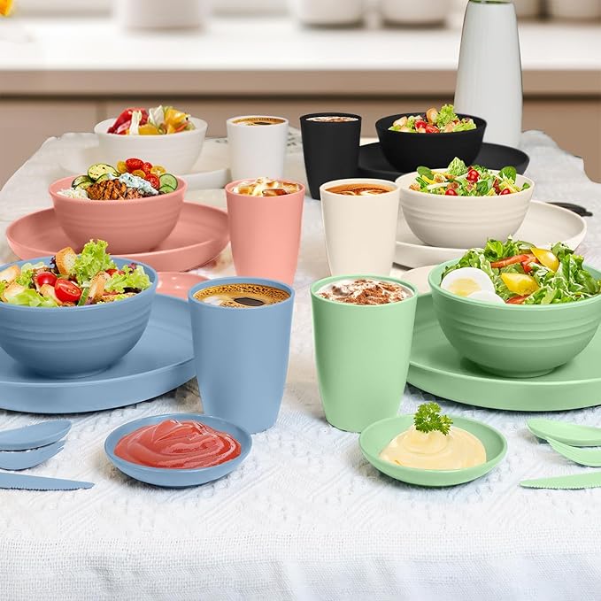 wheat straw bowls,plates,cups and cutlery sets 28 pcs - Unbreakable Dishwasher Safe dinnerware sets service for 4 - Ideal dish sets for kitchen, camping, indoors and out doors.Nordic