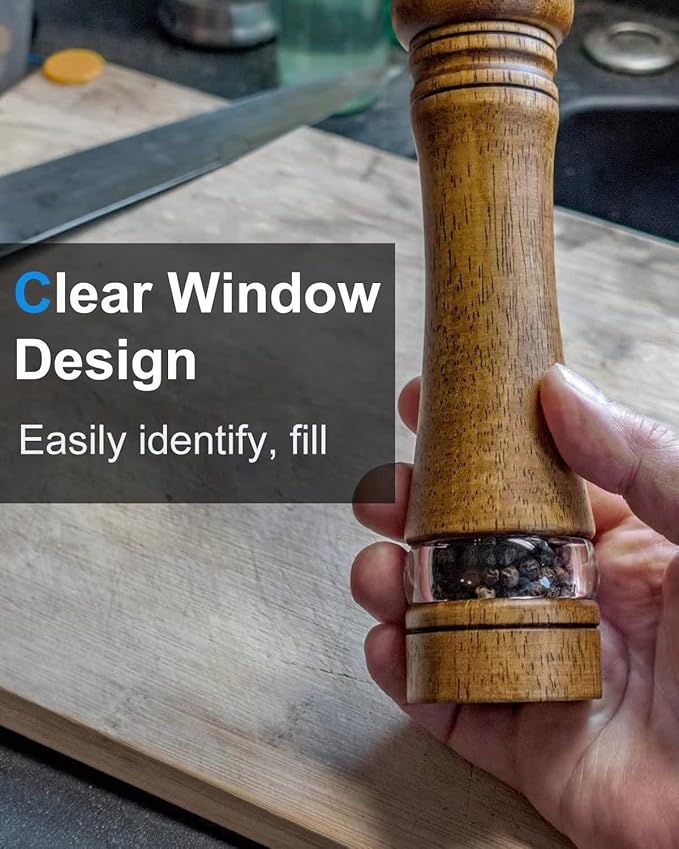 Pepper Grinder Salt Grinder Wooden Pepper Mill Grinder w/Adjustable Coarse, 8 inch Tall Wood Refillable Manual Pepper Grinder Mill Peppermill for Black Peppercorn, Easy Clean w/Cleaning Brush