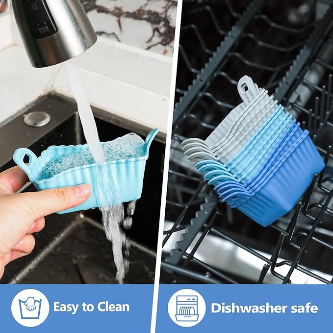 Koluti Nonstick Silicone Muffin Baking Cups Pack of 12, Reusable Cupcake Molds with Double Handle, BPA Free, Mini Rectangle Air Fryer Cupcakes Liner, 3 Colors