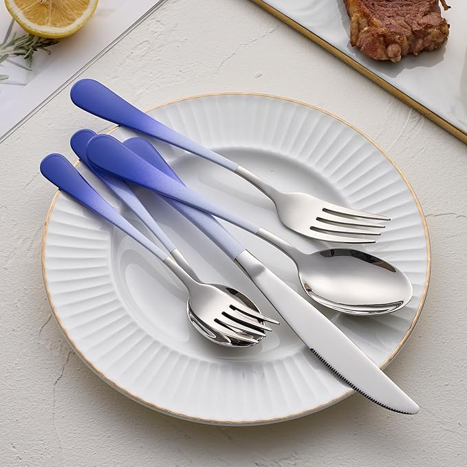 20-Pieces Color Silverware Sets for 4,Blue and white Handle Stainless Steel Cutlery Set, Include Forks Spoons and Knives Set, Dishwasher Safe Utensil Sets for Home Restaurant