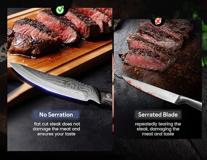 Steak Knives Set of 6, 4.8 Inch Carbon Steel Japanese Style Non-Serrated Meat Knife with Damascus Pattern, Ergonomic Full-Tang Non-Slip Wooden Handle, Thanksgiving Christmas Cooking Gifts