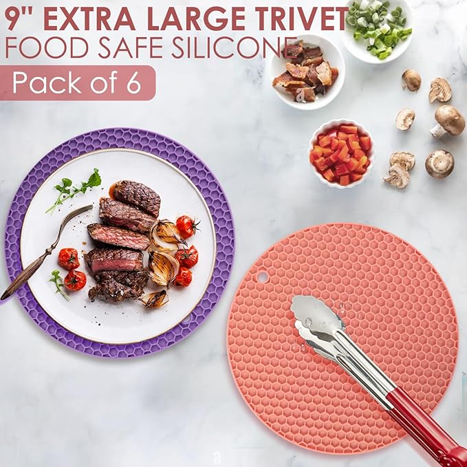 6 Pack Silicone Trivets for Hot Pots and Pans, 9" Colorful Silicone Trivet for Hot Dishes, Extra Large Non-Slip & Heat Resistant Hot Pads for Kitchen Counter(Colors)