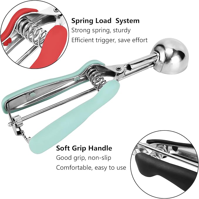 Cookie Scoop Set, Cookie Scoops for Baking Set of 3, Cookie Dough Scoop, 1 Tablespoon/ 2 Tablespoon/ 3 Tablespoon, Red/Black/Mint Handle, For Cookie Cupcake Muffin Ice Cream Truffles