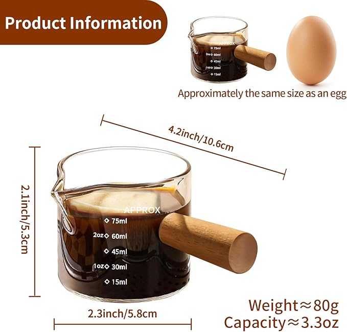 YARRAMATE 3.4oz Espresso Shots Cup with Wood Handle, Clear Glass Espresso Measuring Cup with Dual Scale, Shot Glass with Single Spout