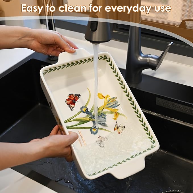 ACMLIFE Ceramic Casserole Dish for Oven, Floral Baking Dishes for Oven Lasagna Pan, Large Baking Dish with Handles, Durable and Oven Safe Pan, for Roasting and Baking, Gift Packaging 2 Pcs Set(13"x8"+10.3"x6.3") (Iris)