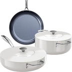 Nuwave Essential Series 5PC Ceramic Cookware Set PFAS-Free, G11 Duralon Blue Coating, Pots and Pans Set Non Stick, Diamond Scratch-Resistant,Stay-Cool Handle, Metal Lid,Induction Ready,Dishwasher Safe