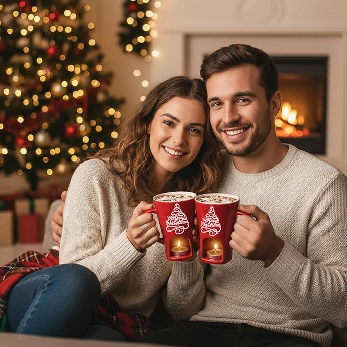 Honeydak Christmas Chocolate Fondue Mug with Fork and 3 Candle Sweet Ceramic Personal Chocolate Melting Cup Ideal Xmas Gifts Birthday Date Night Birthday Wedding Gifts(Red,Classic)