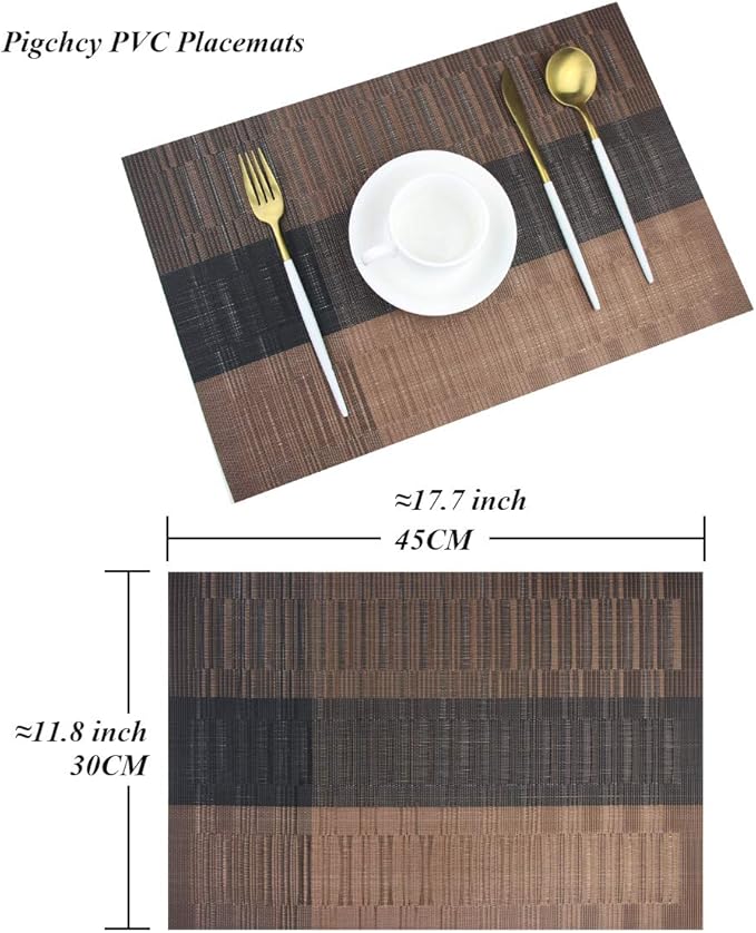 PIGCHCY Vinyl Placemats Set of 12 Washable Durable Kitchen Table Mats Easy to Clean Plastic Placemats for Dining Table (Brown)