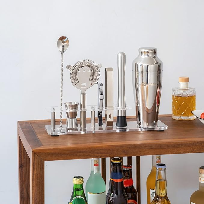 Cocktail Shaker Set with Arcylic Stand, Mixology Bartender Kit for Drink Mixing | Mixology Set with 7 Bar Set Tools Cocktail Kit (Silver)