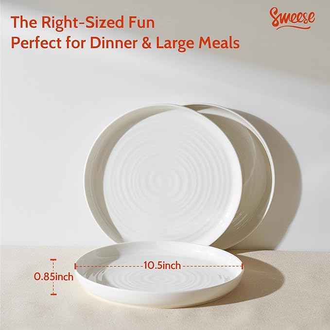 Sweese Porcelain Dinner Plates Set of 6, 10.5 Inch Dish Set - Dishwasher, Microwave, Oven Safe, Scratch Resistant, Kitchen Serving Dishes - White