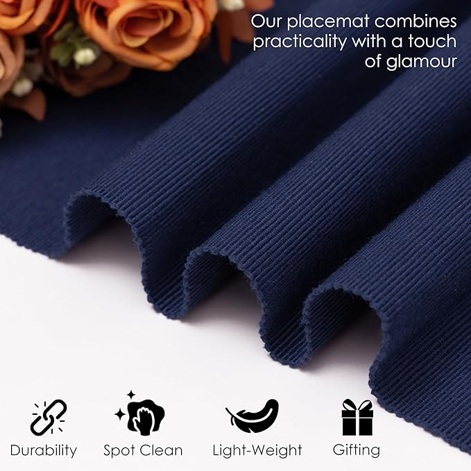 Blue Depths Placemats Set of 6, Cotton Ribbed Tabletop, Non-Slip Wrinkle Free Kitchen Table Mats for Dining Table, 13x19 Inch