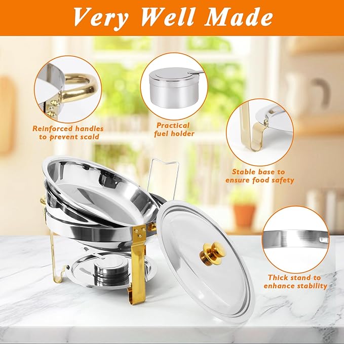 2-Pack Round Chafing Dishes for Buffet, 5QT Stainless Steel Buffet Chafing Set for Catering, Parties & Events