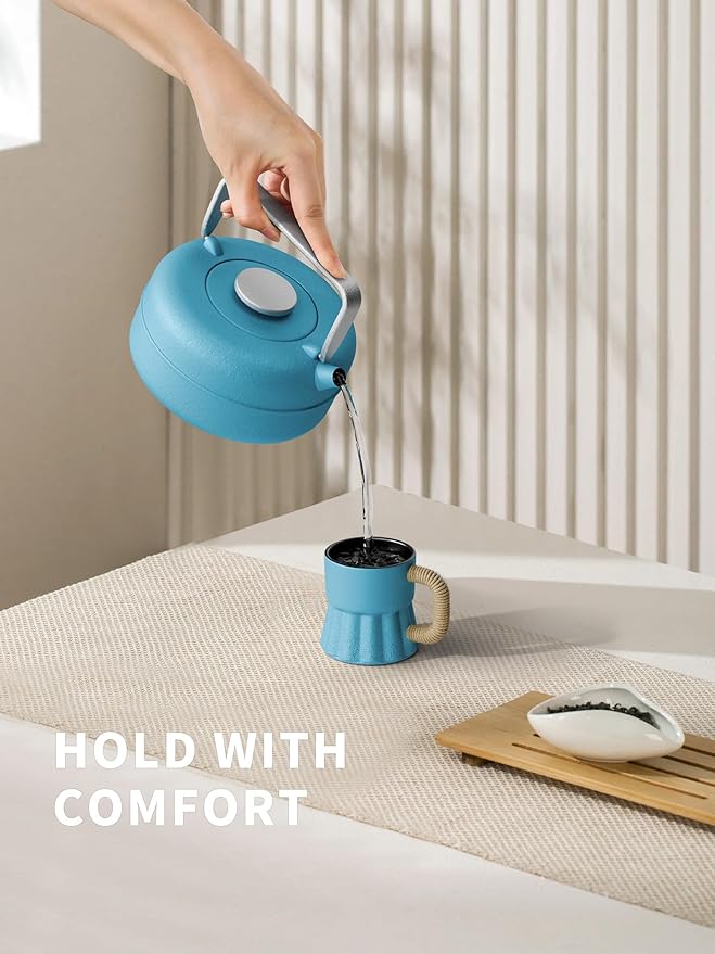 Toptier Teapot with Removable Infuser, Cast Iron Tea Kettle Stovetop Safe, Solid Geometry Cylinder Design Tea Pot Coated with Enameled Interior for 27 Ounce (800 ml), Blue